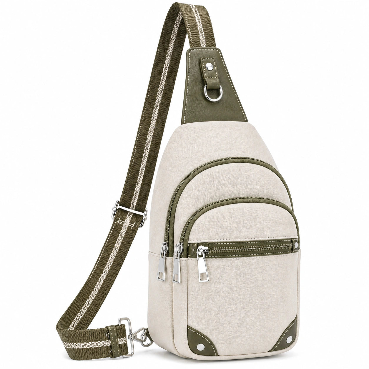Borsa a tracolla 18 x 8 x 32 cm in similpelle e tessuto beige verde con tasche multiple