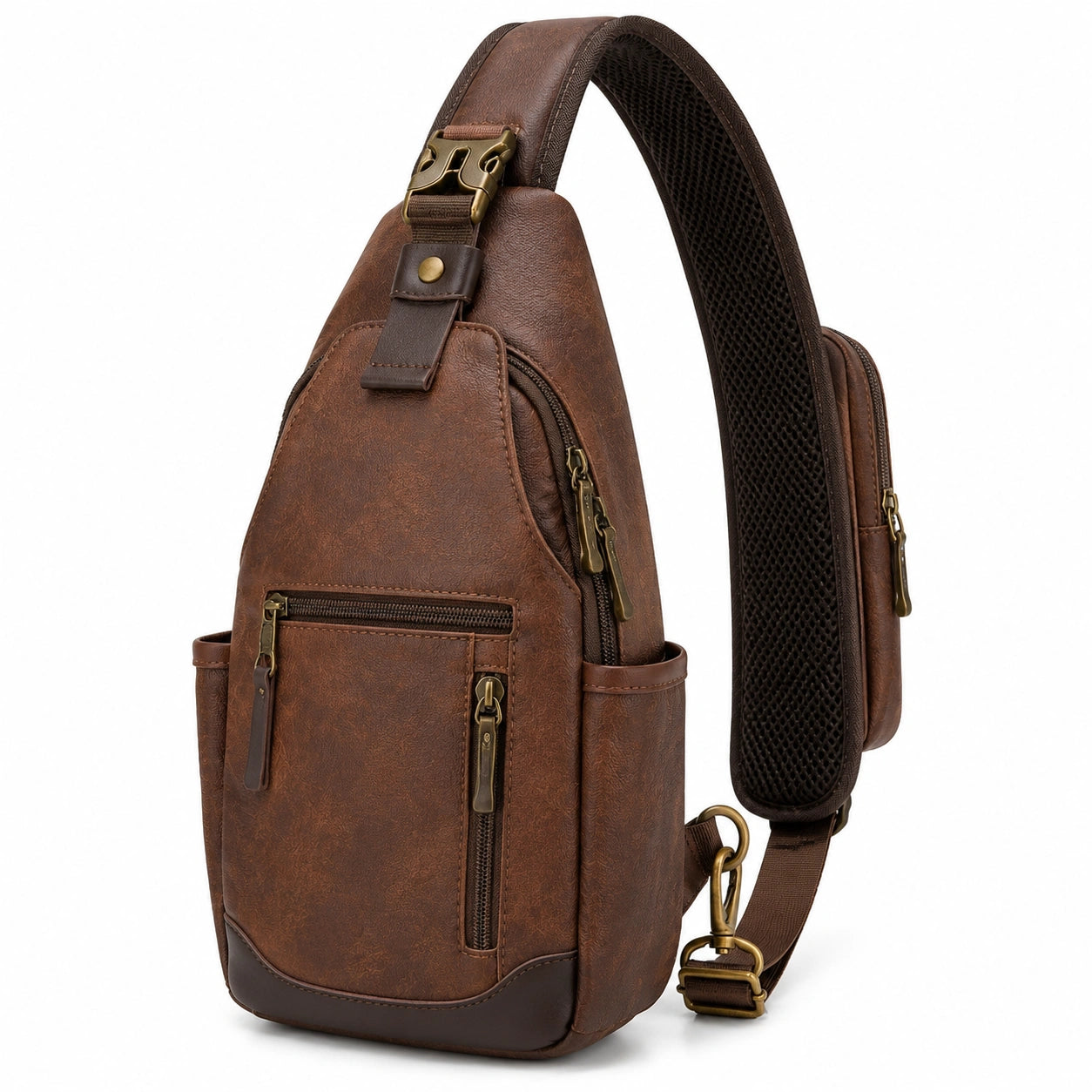 Borsa a tracolla taglia media in materiale sintetico effetto pelle marrone con tasche zip