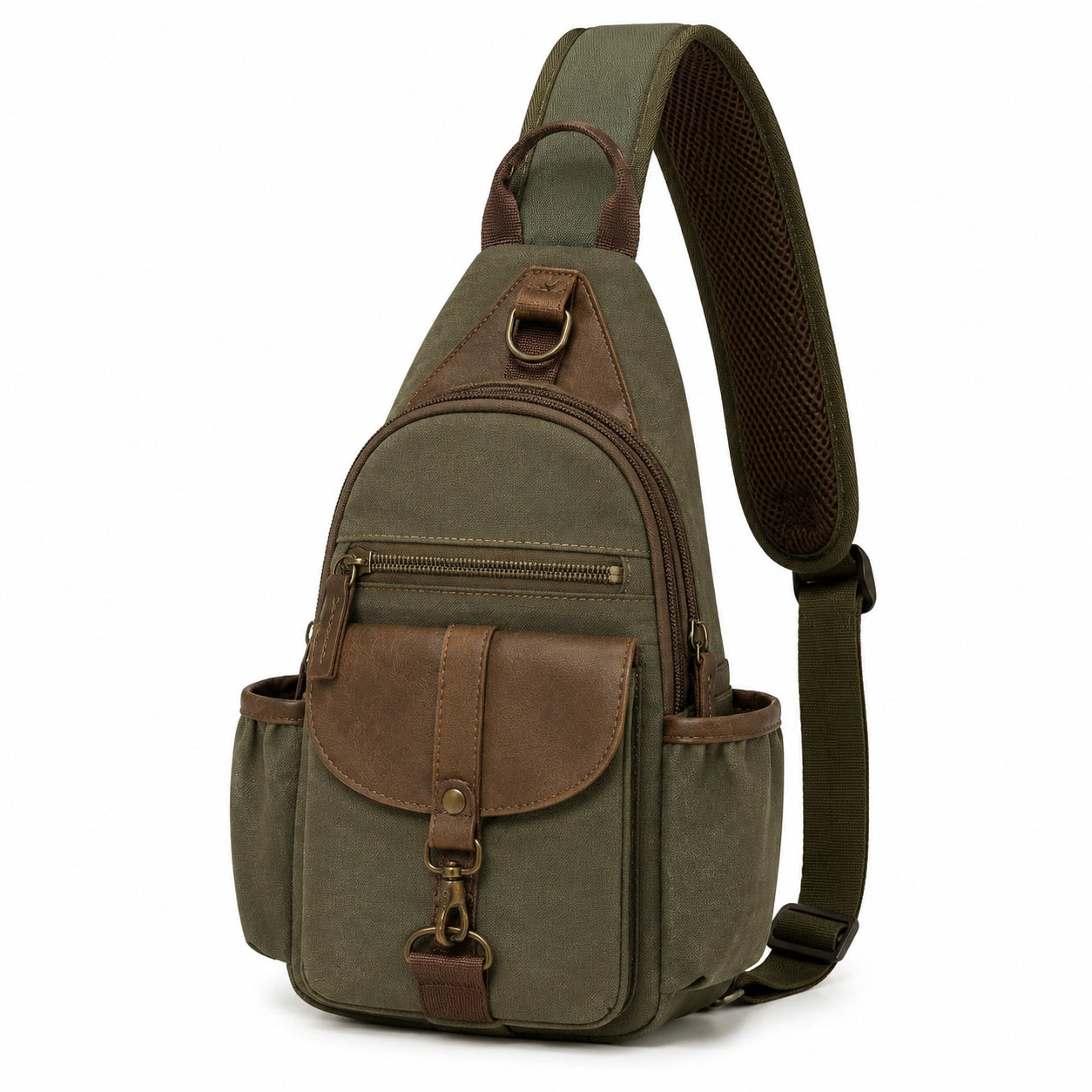 Borsa a tracolla 18 x 10 x 32 cm in tela verde oliva e similpelle marrone con tasche stile casual