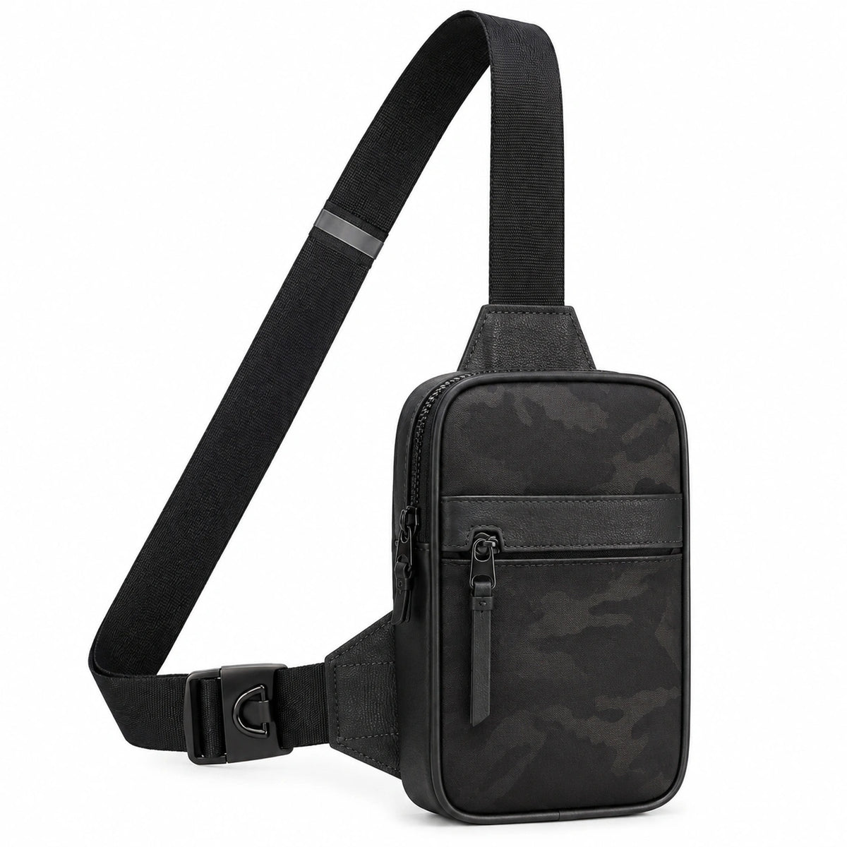 Borsa a tracolla 18 x 8 x 30 cm in tessuto nero mimetico con cinghia regolabile