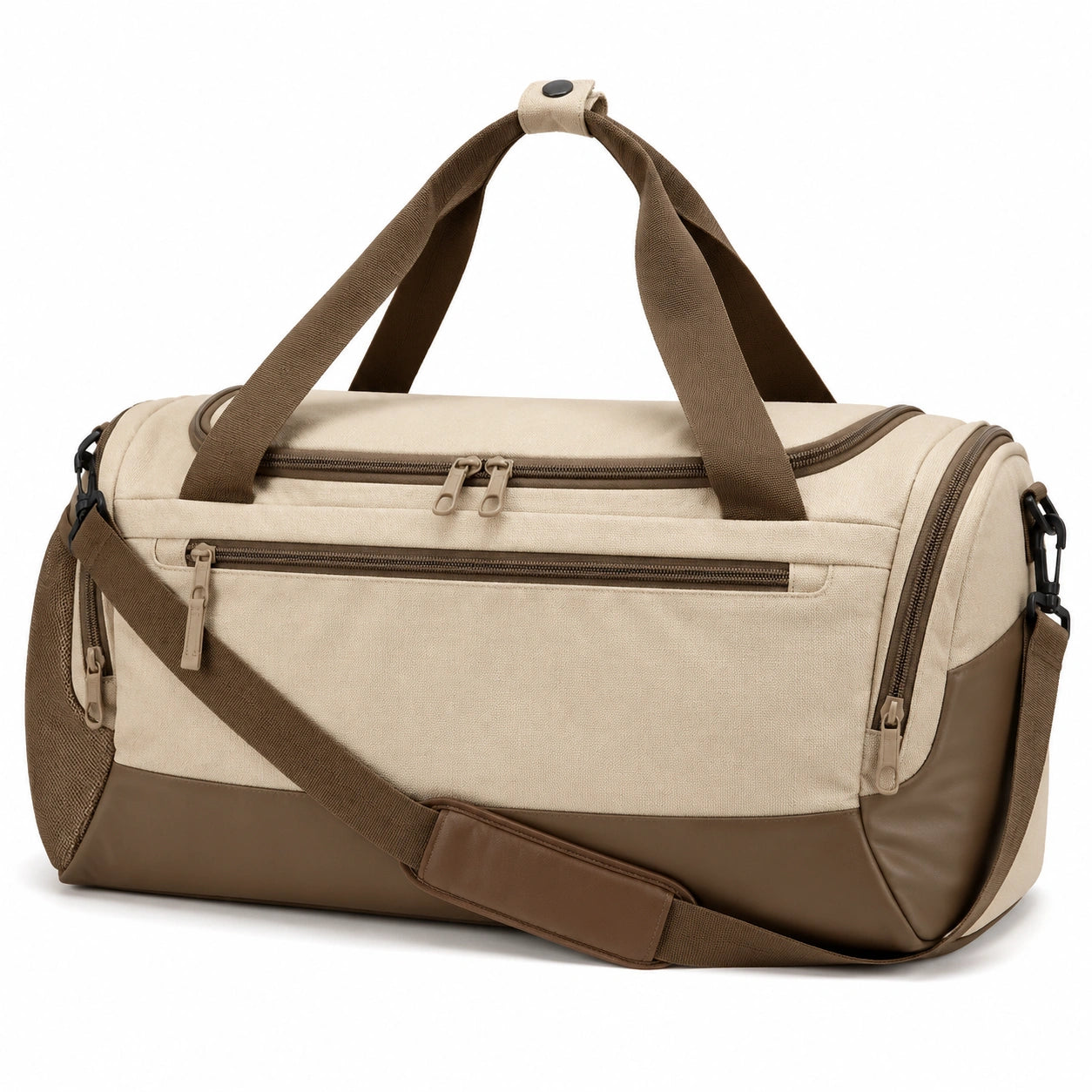 Borsone da viaggio 50 x 25 x 28 cm in tessuto beige e marrone con tracolla e tasche con zip