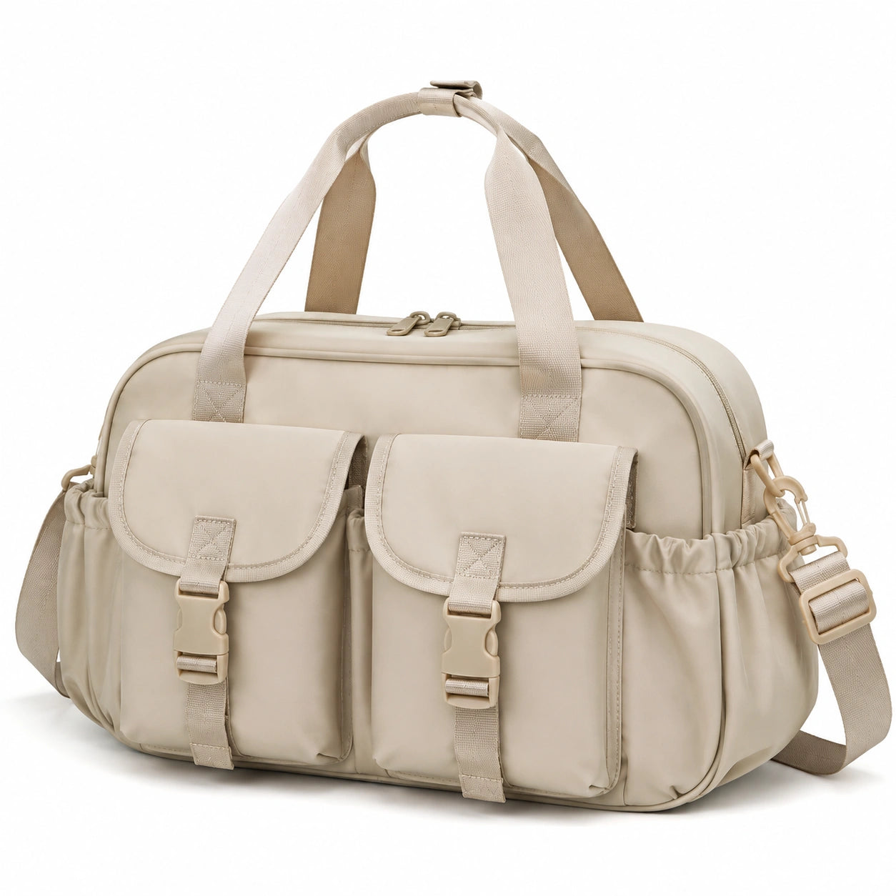 Borsa da viaggio 45 cm in tessuto beige con tasche multiple e tracolla regolabile