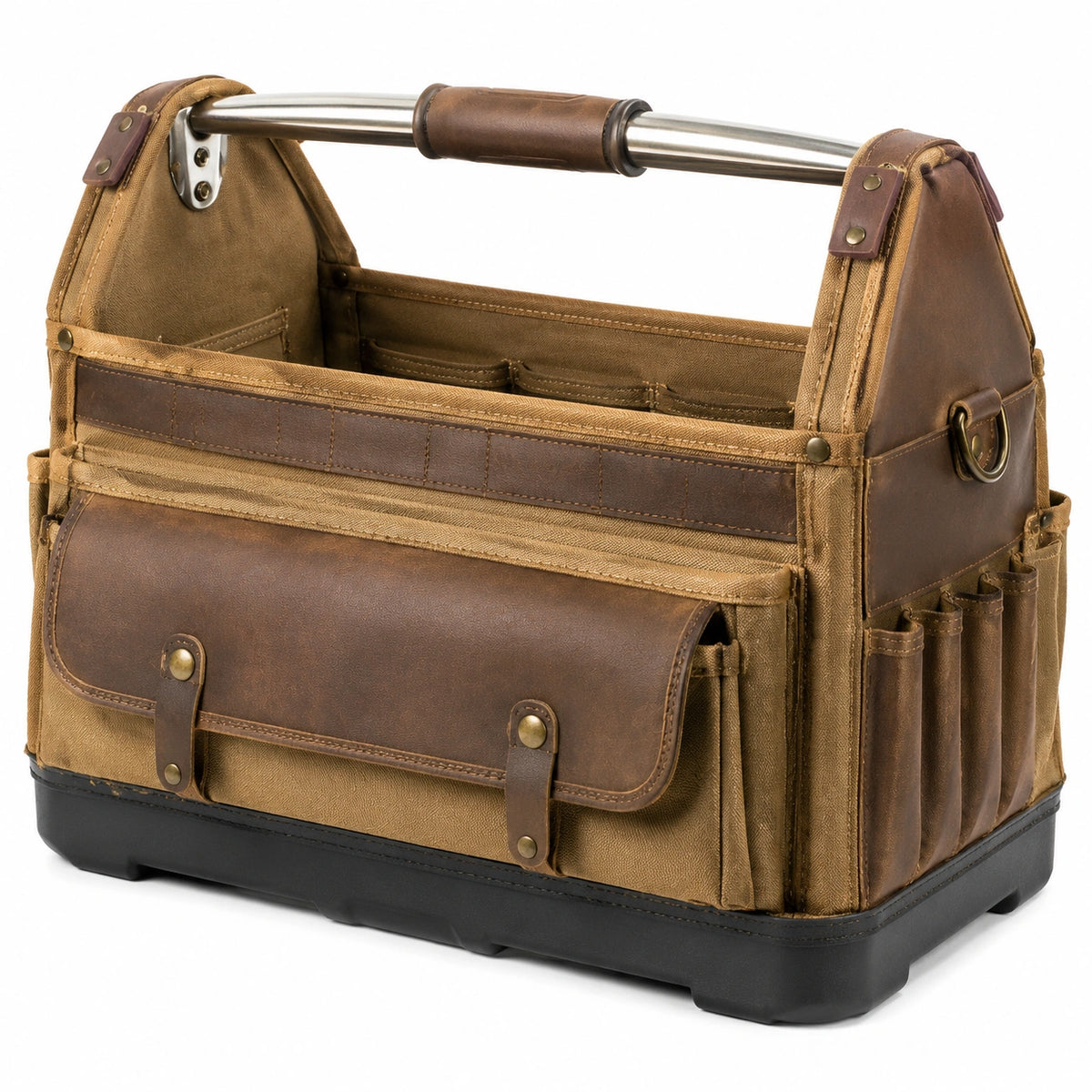 Borsa portautensili 40 x 20 x 30 cm in canvas e similpelle marrone con manico rigido