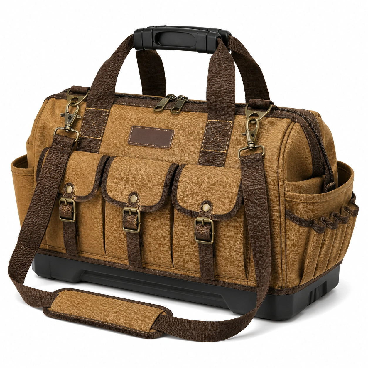 Borsa portautensili 45 x 25 x 30 cm in tela marrone con tracolla e tasche