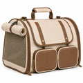 Borsa trasportino per animali 45 x 28 x 30 cm in tessuto beige e marrone con rete e tasche
