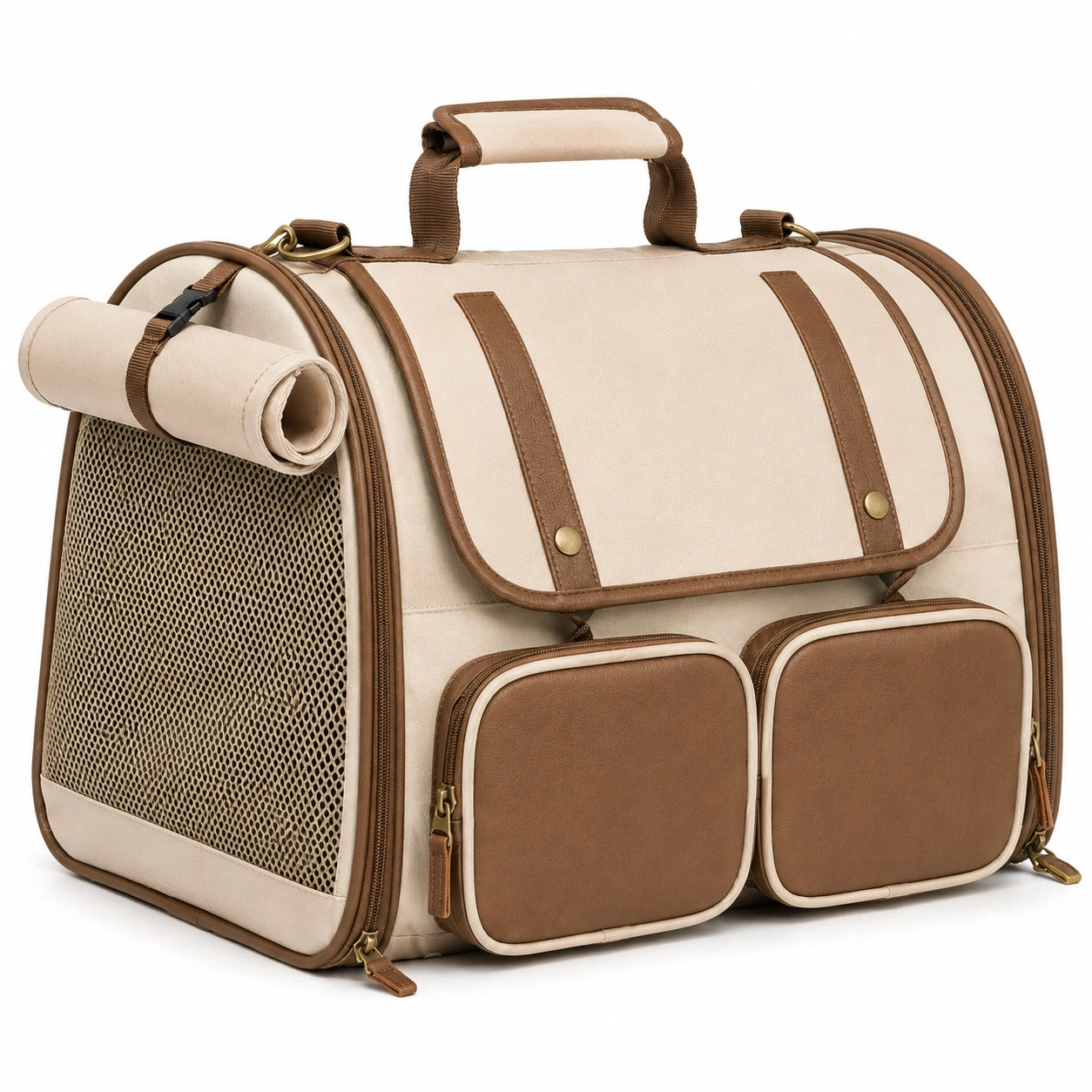 Borsa trasportino per animali 45 x 28 x 30 cm in tessuto beige e marrone con rete e tasche