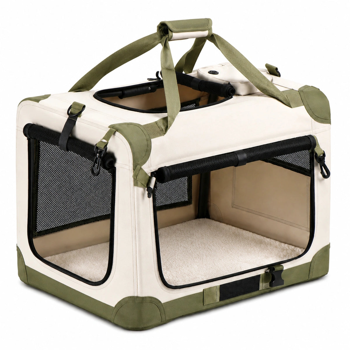 Trasportino pieghevole per animali 60 x 42 x 42 cm in tessuto beige e verde con rete traspirante