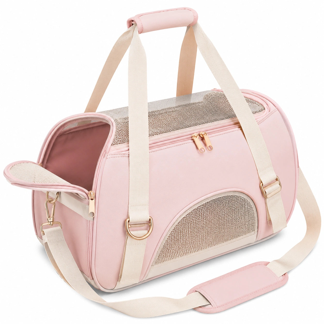 Borsa trasportino per animali 45 cm in tessuto rosa con rete traspirante e tracolla regolabile
