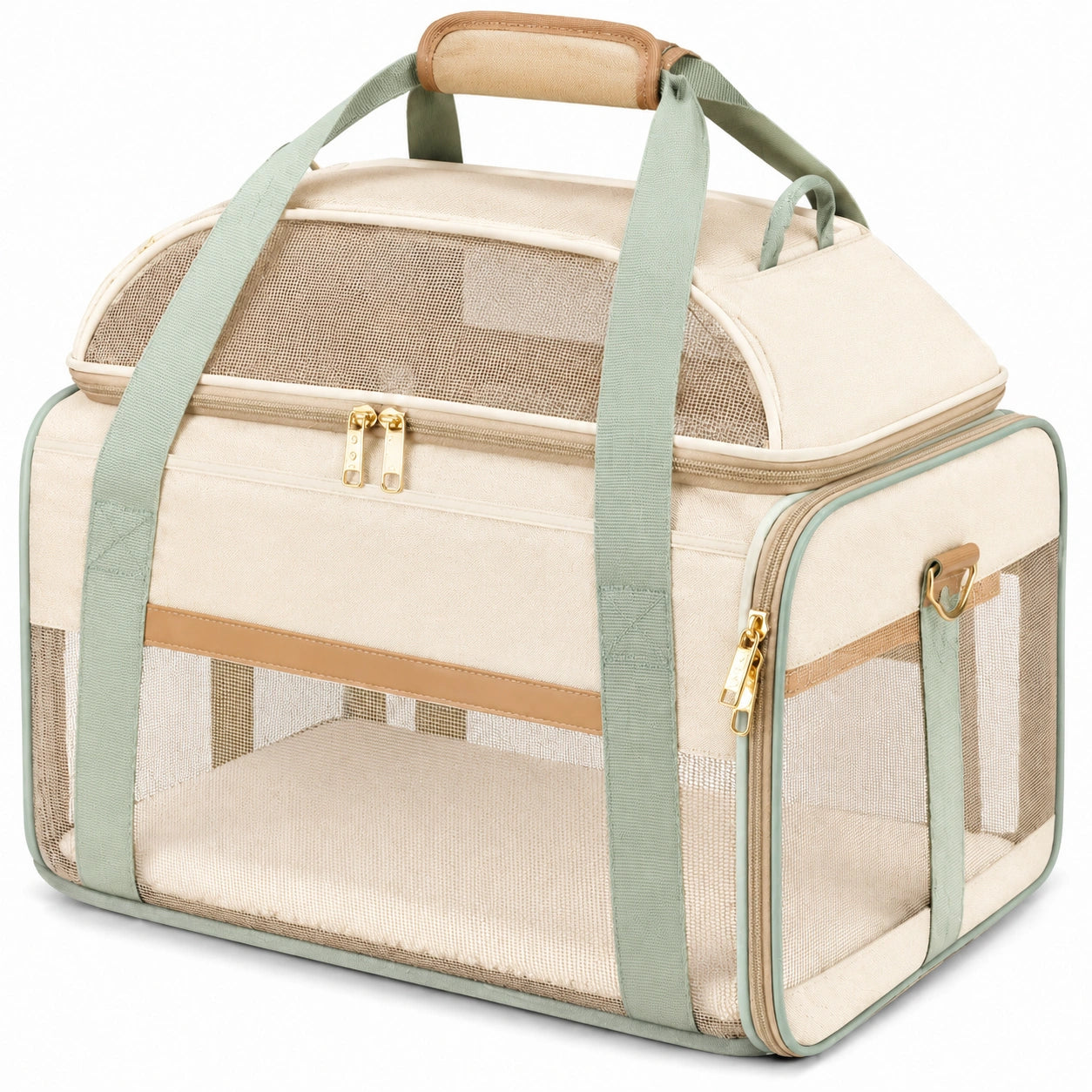 Trasportino per animali 45 x 28 x 30 cm in tessuto beige e verde con rete pieghevole