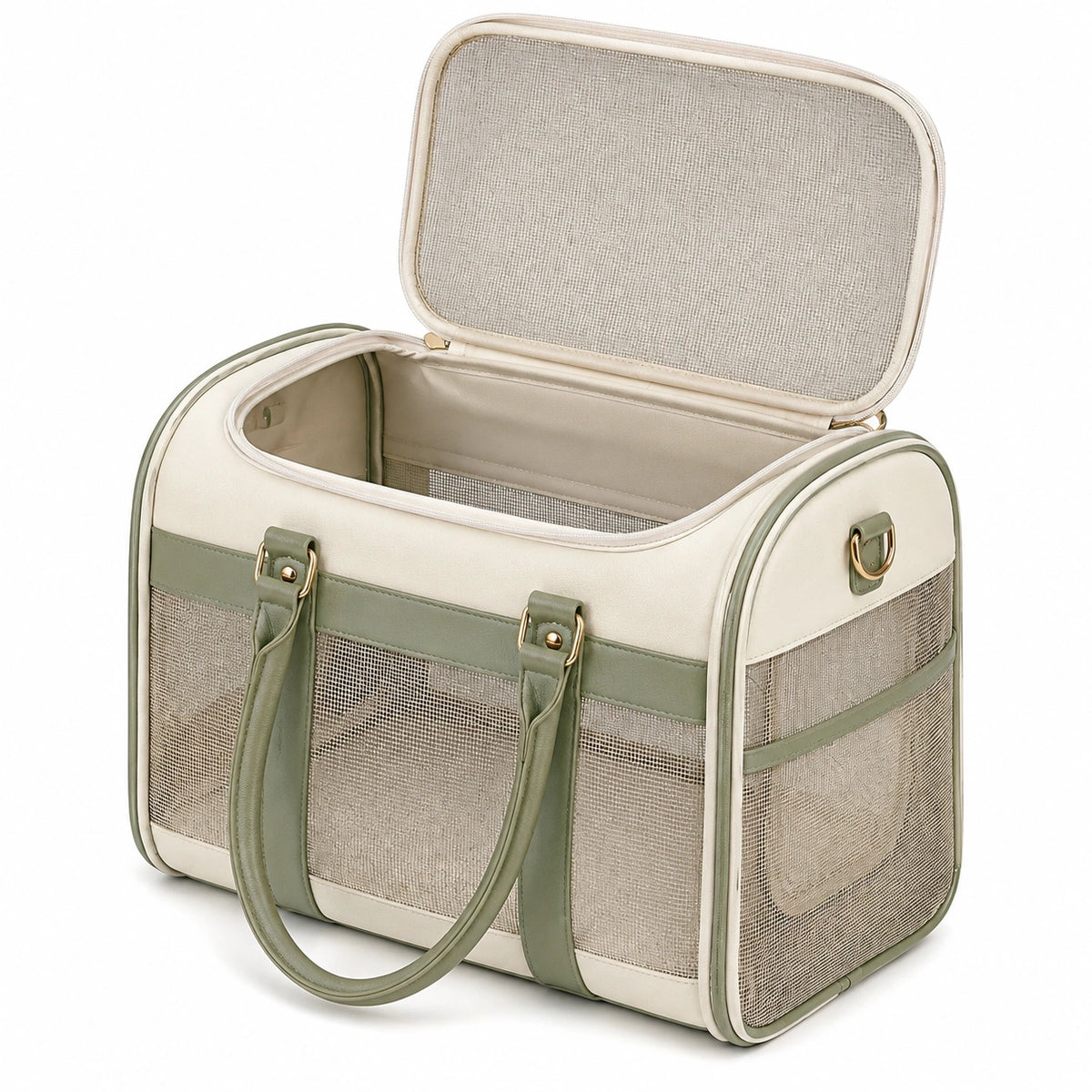 Trasportino per animali 45 x 28 x 30 cm in tessuto sintetico beige e verde con rete - da viaggio