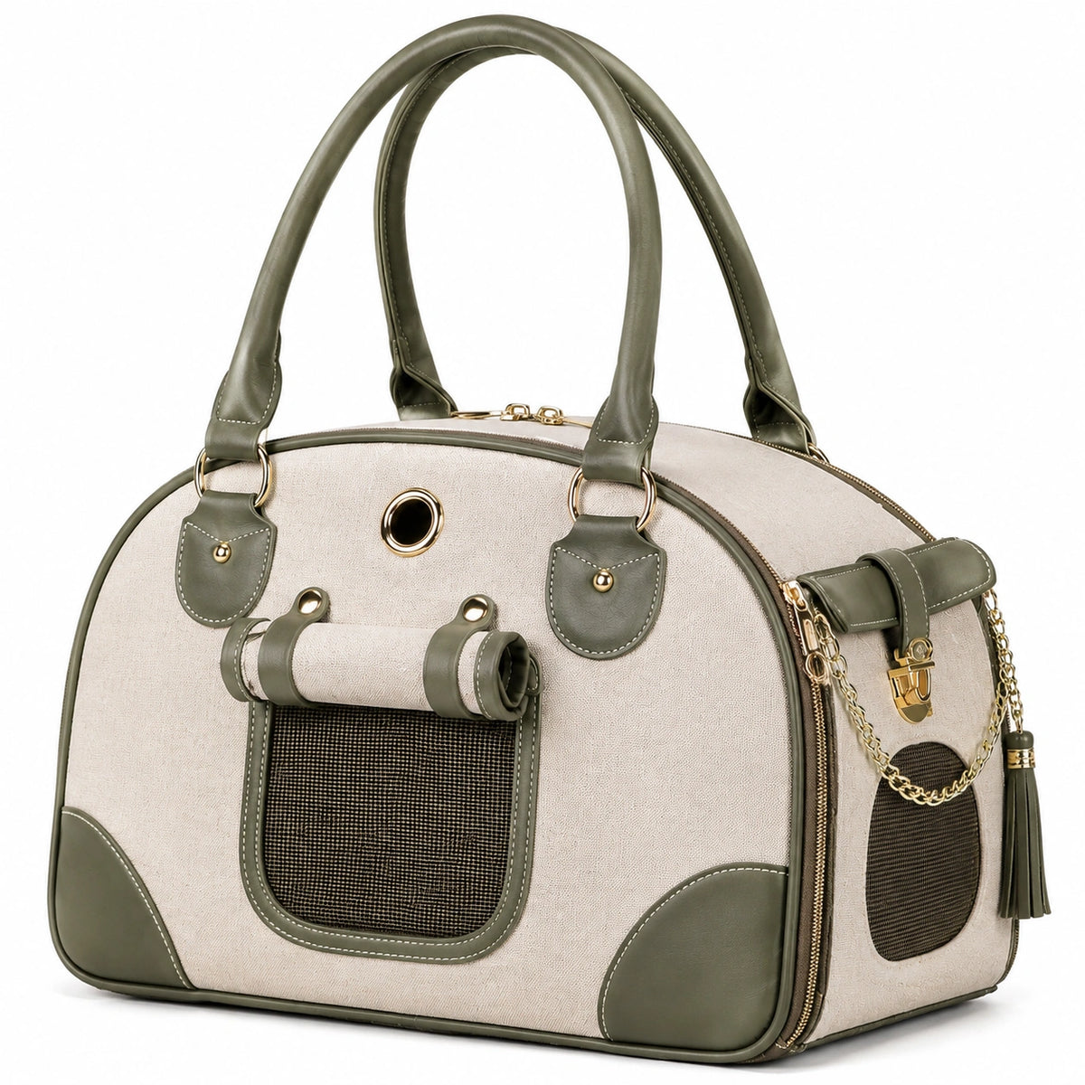Borsa trasportino per animali 45 x 25 x 32 cm in tessuto beige e verde con rete - stile elegante