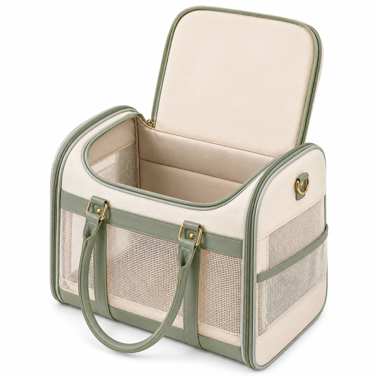 Trasportino per animali 45 x 28 x 32 cm in tessuto crema e verde salvia con rete traspirante