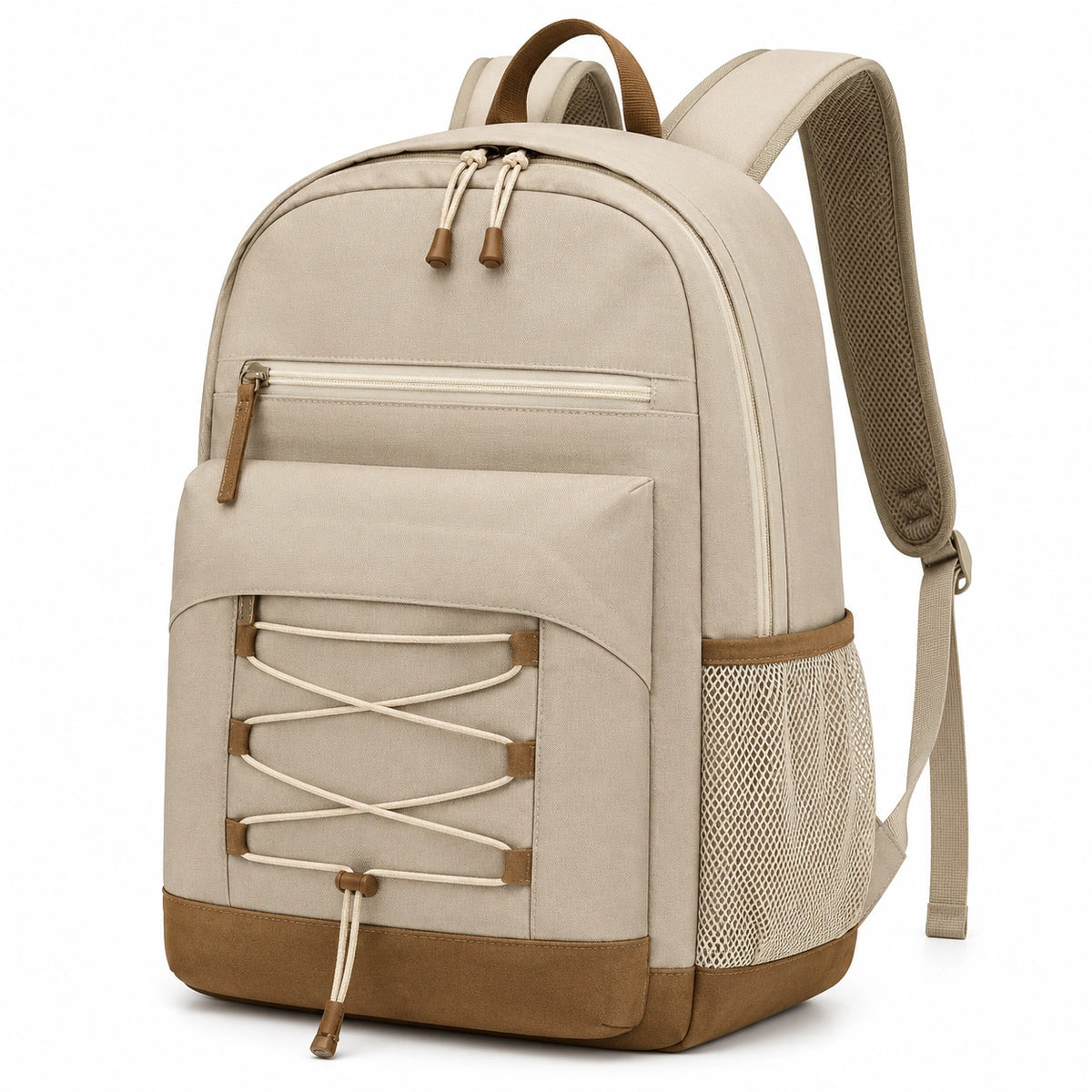 Zaino 45 x 30 x 18 cm in tessuto beige/marrone per scuola e viaggio con tasche multiple