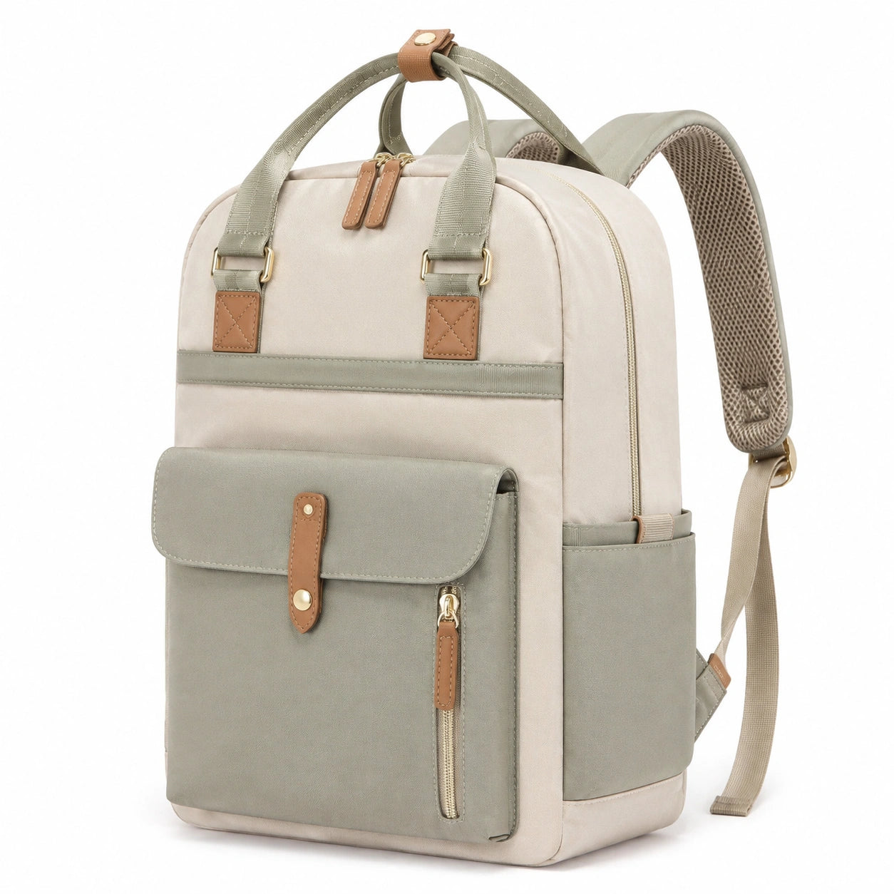 Zaino 42 x 30 x 15 cm in poliestere beige e verde salvia per lavoro e viaggio con tasche multiple
