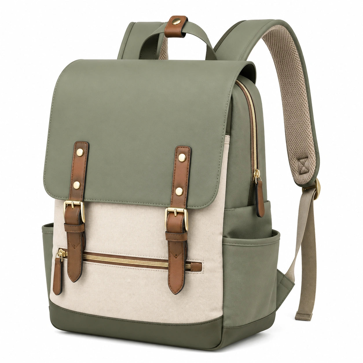 Zaino 28 x 14 x 38 cm in tessuto e materiale sintetico verde beige con tasche e spallacci imbottiti