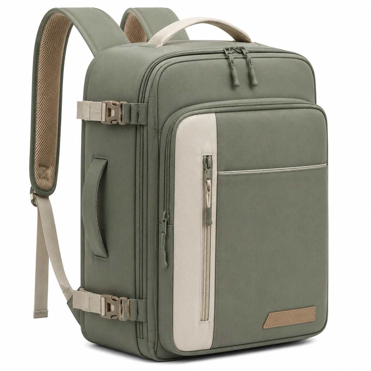 Zaino da viaggio 45 x 30 x 18 cm in tessuto sintetico verde salvia e beige con scomparti multipli